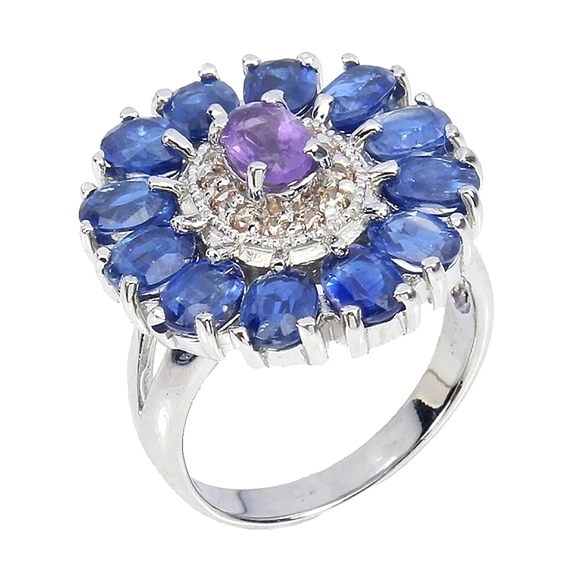 Natural Amethyst 6x4mm, Kyanite & Sapphire 925 Sterling Silver Ring Size 7.5 - Picture 2 of 5